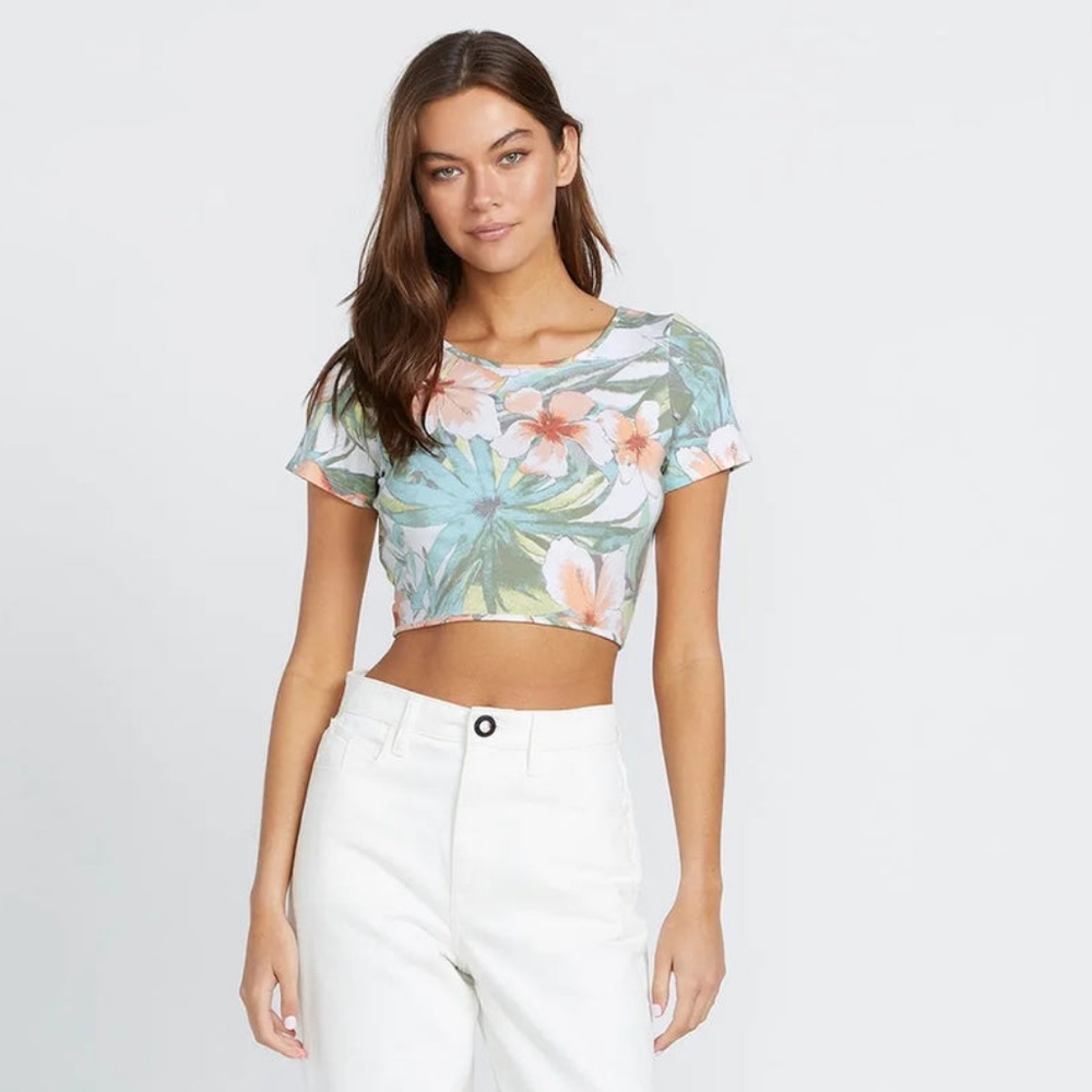 NWT Volcom Had Me At Aloha Reversable Top Floral Crop Top - Green/White/Peach MD